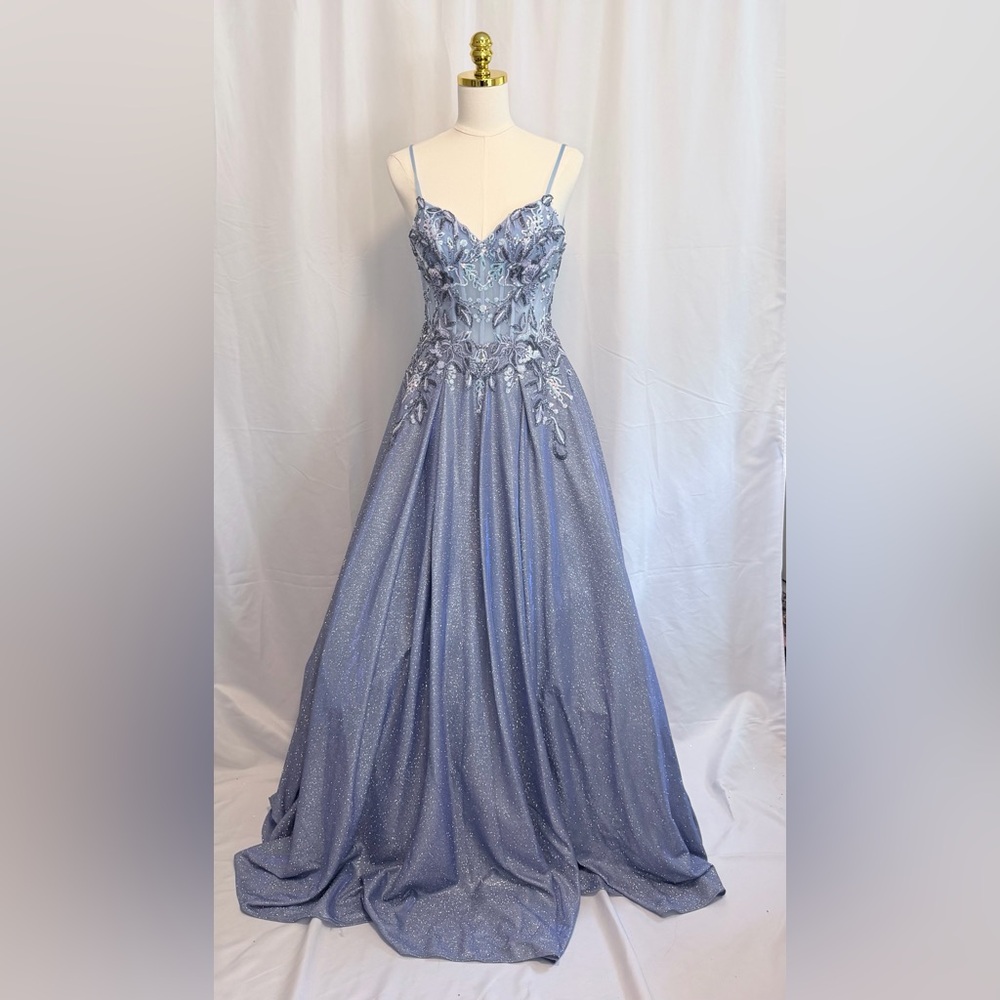 NWT Jovani Periwinkle Sequin Dress 0 Rhinestone Corset Glitter Skirt Pockets
